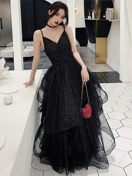 Shiny Black V Neck Prom Dresses, Backless Black V Neck Formal Evening Gown