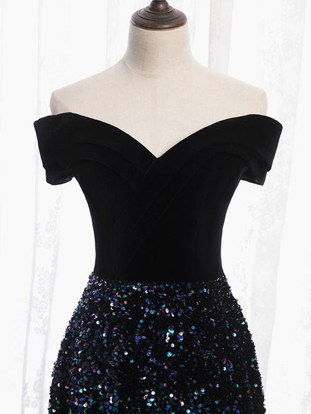 Shiny Off the Shoulder Black Prom Dresses with Corset Back, Shiny Black Long Formal Evening Dresses
