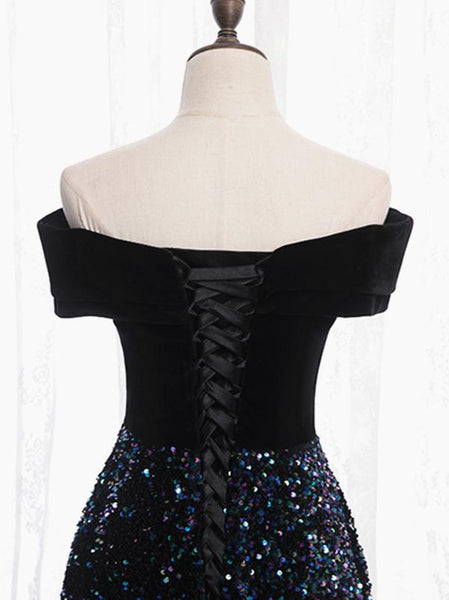 Shiny Off the Shoulder Black Prom Dresses with Corset Back, Shiny Black Long Formal Evening Dresses