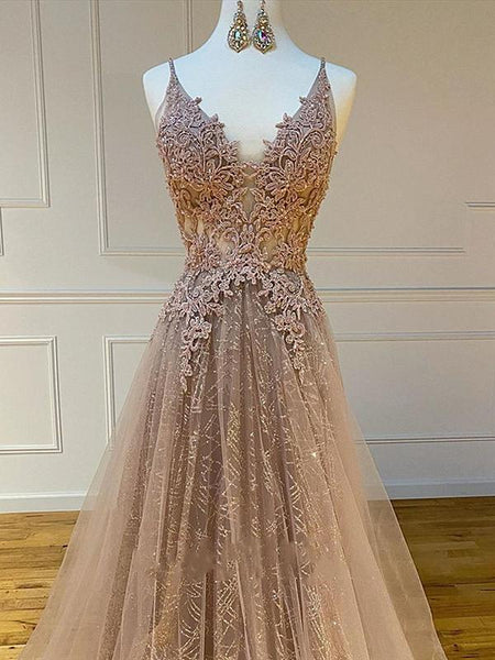 Shiny V Neck Champagne Lace Prom Dresses, Champagne V Neck Lace Formal Graduation Evening Dresses