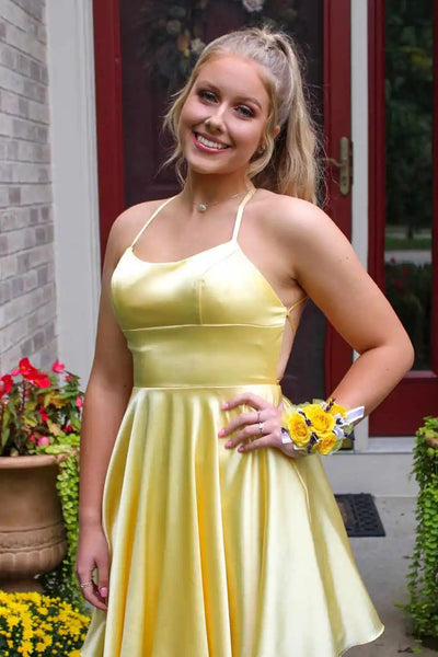 Short Backless Blue Yellow Pink Prom Dresses, Open Back Short Formal Homecoming Dresses