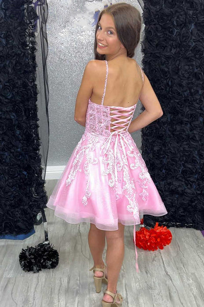 Short Pink Lace Prom Dresses, Short Pink Lace Formal Homecoming Dresses