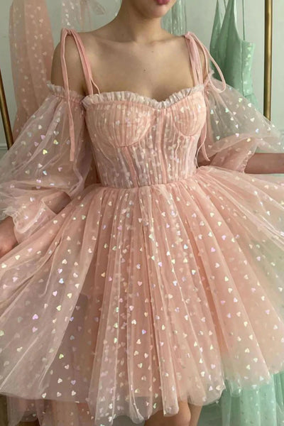 Short Pink Tulle Prom Dresses, Short Pink Tulle Formal Homecoming Dresses