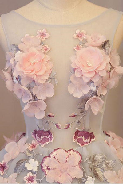 Short Round Neck 3D Floral Prom Dresses, Short 3D Flower Formal Homecoming Dresses