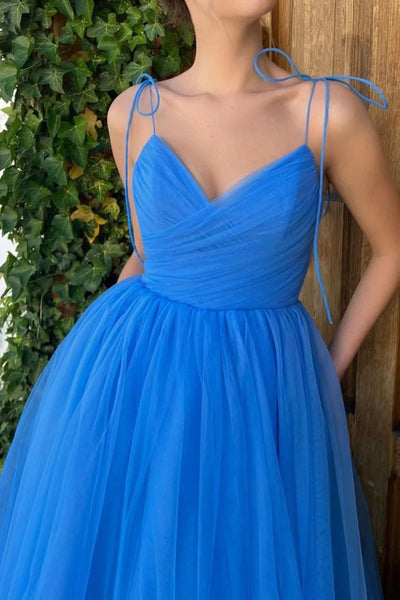Short Tea Length Blue Tulle Prom Dresses, Tea Length Short Blue Tulle Graduation Homecoming Dresses