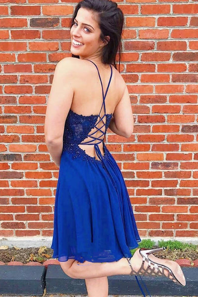 Short V Neck Royal Blue Lace Prom Dresses, Short Royal Blue Lace Graduation Homecoming Dresses