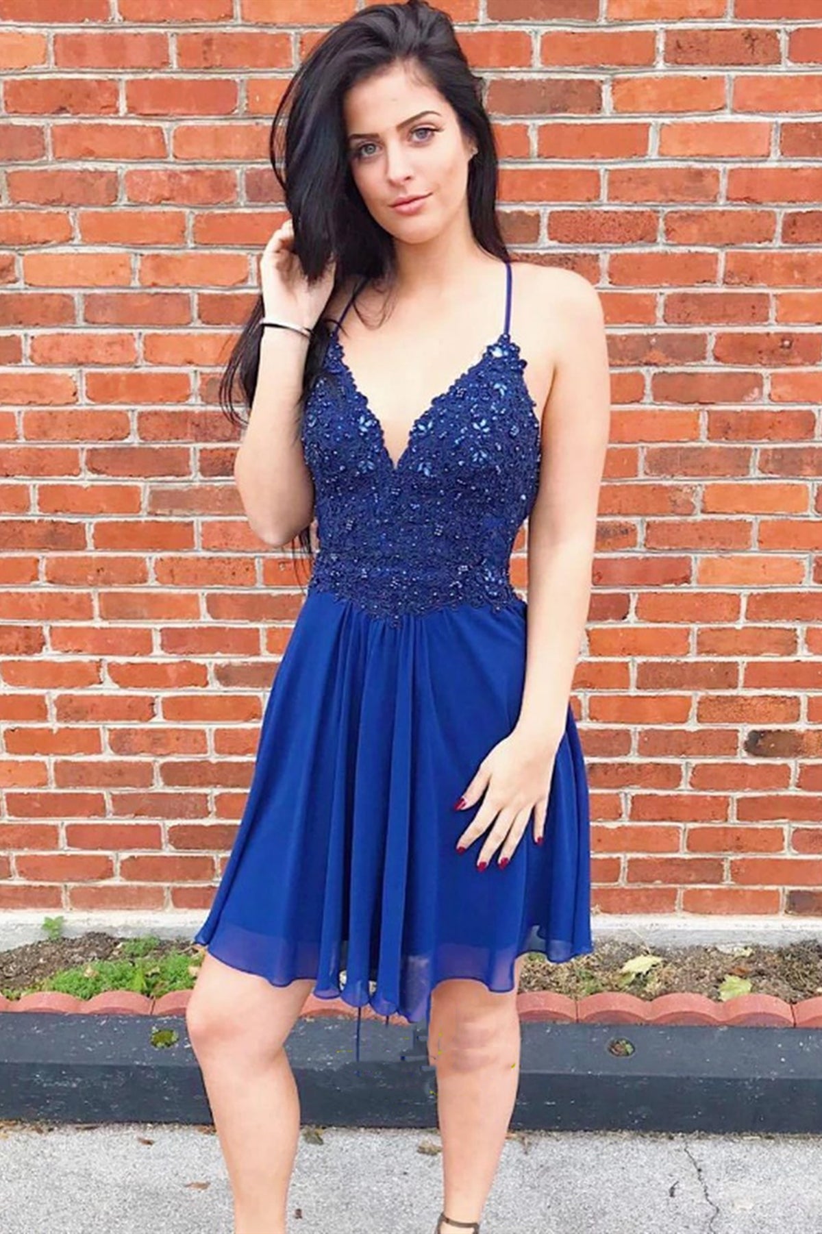 Short V Neck Royal Blue Lace Prom Dresses, Short Royal Blue Lace Graduation Homecoming Dresses