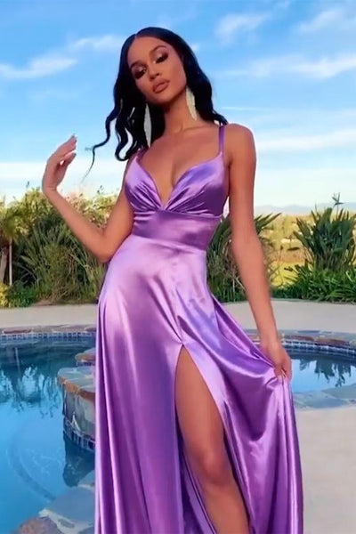 Simple A Line V Neck Purple Satin Long Prom Dresses with High Slit, V Neck Purple Formal Graduation Evening Dresses EP1839