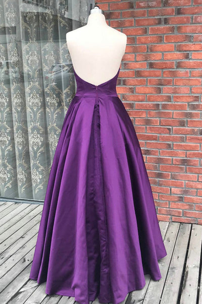 Simple Backless Purple Satin Long Prom Dresses, Backless Purple Formal Dresses, Purple Evening Dresses EP1547