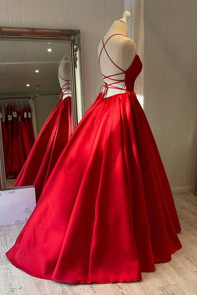 Simple Backless Red Satin Long Prom Dresses, Long Red Formal Graduation Evening Dresses EP1732