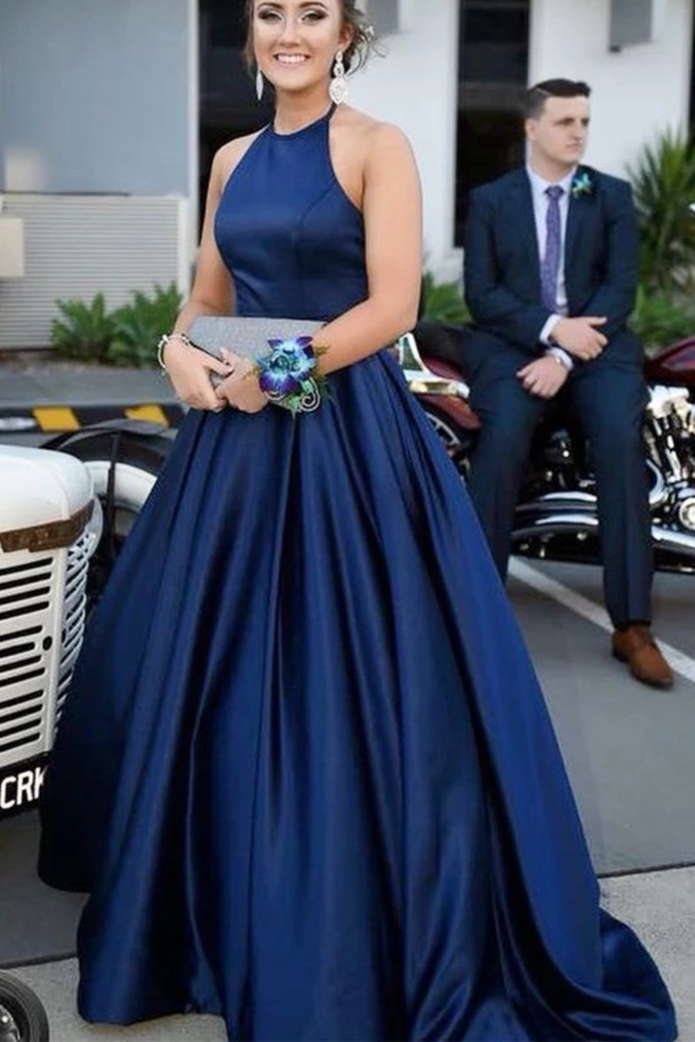 Simple Halter Neck Navy Blue Long Prom Dresses, Navy Blue Formal Evening Dresses EP1474
