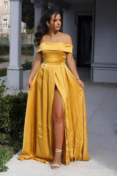 Simple Off Shoulder Satin Long Prom Dresses with High Slit, Off the Shoulder Long Formal Graduation Evening Dresses EP1763