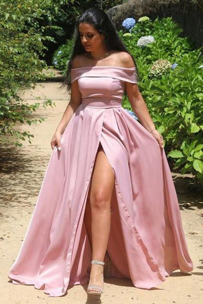 Simple Off Shoulder Satin Long Prom Dresses with High Slit, Off the Shoulder Long Formal Graduation Evening Dresses EP1763