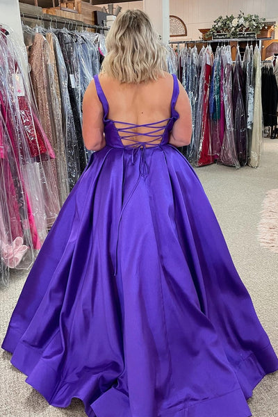 Simple Open Back Purple Satin Long Prom Dresses, Long Purple Formal Graduation Evening Dresses EP1813