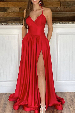 Simple V Neck Backless Red Satin Long Prom Dresses with High Slit, V Neck Red Formal Graduation Evening Dresses EP1703