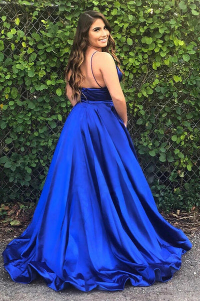 Simple V Neck Backless Royal Blue Satin Long Prom Dresses, V Neck Royal Blue Formal Dresses, Royal Blue Evening Dresses EP1712