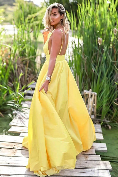 Simple V Neck Backless Yellow Satin Long Prom Dresses, Backless Yellow Formal Graduation Evening Dresses EP1684