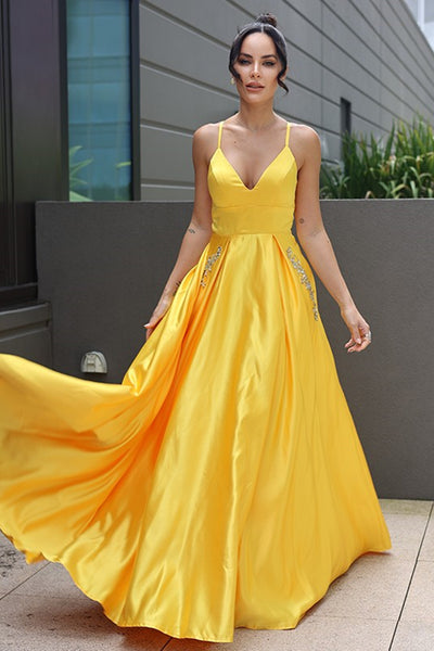 Simple V Neck Backless Yellow Satin Long Prom Dresses, Yellow Long Formal Graduation Evening Dresses EP1710