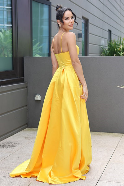 Simple V Neck Backless Yellow Satin Long Prom Dresses, Yellow Long Formal Graduation Evening Dresses EP1710