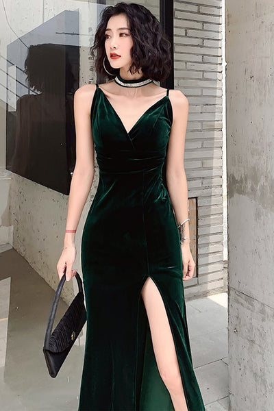 Simple V Neck Dark Green Velvet Long Prom Dresses, Dark Green Velvet Formal Graduation Evening Dresses EP1683