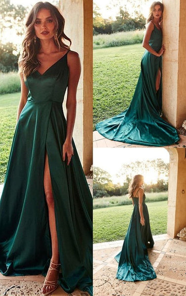 Simple V Neck Green Satin Long Prom Dresses with High Slit, Long Green Formal Evening Dresses with Train