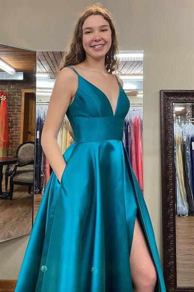 Simple V Neck Open Back Blue Long Prom Dresses with High Slit, V Neck Blue Formal Graduation Evening Dresses EP1677