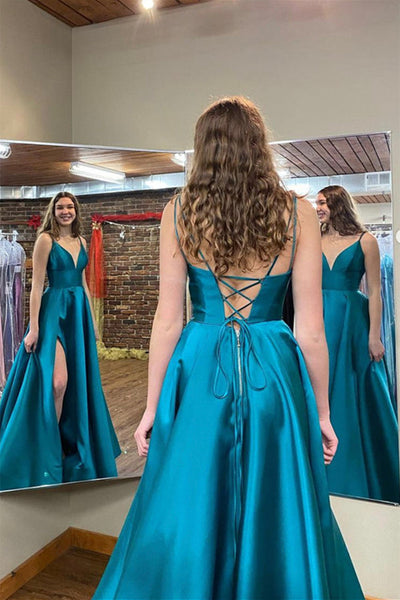 Simple V Neck Open Back Blue Long Prom Dresses with High Slit, V Neck Blue Formal Graduation Evening Dresses EP1677