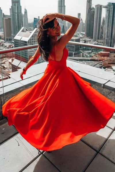 Simple V Neck Red Tea Length Prom Homecoming Dresses, Tea Length Red Formal Graduation Evening Dresses EP1886