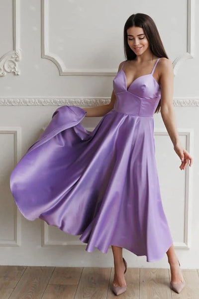 Simple V Neck Tea Length Purple Prom Homecoming Dresses, V Neck Lilac Formal Dresses, Lavender Evening Dresses EP1486