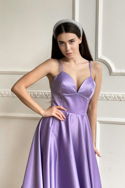 Simple V Neck Tea Length Purple Prom Homecoming Dresses, V Neck Lilac Formal Dresses, Lavender Evening Dresses EP1486