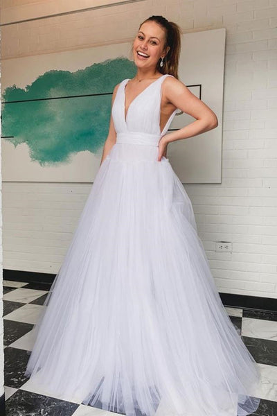 Simple V Neck White Tulle Long Prom Dresses, V Neck White Formal Graduation Evening Dresses EP1399