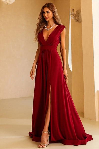 Simple V Neck and V Back Burgundy Long Prom Dresses with High Slit, V Neck Burgundy Formal Graduation Evening Dresses EP1845