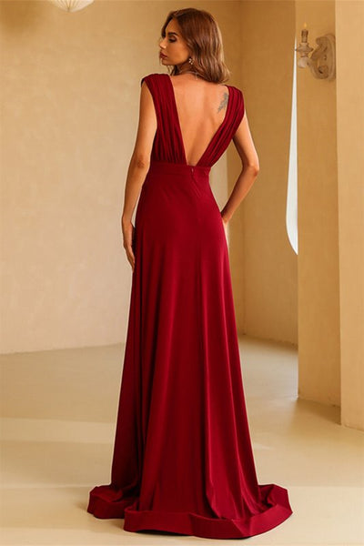 Simple V Neck and V Back Burgundy Long Prom Dresses with High Slit, V Neck Burgundy Formal Graduation Evening Dresses EP1845