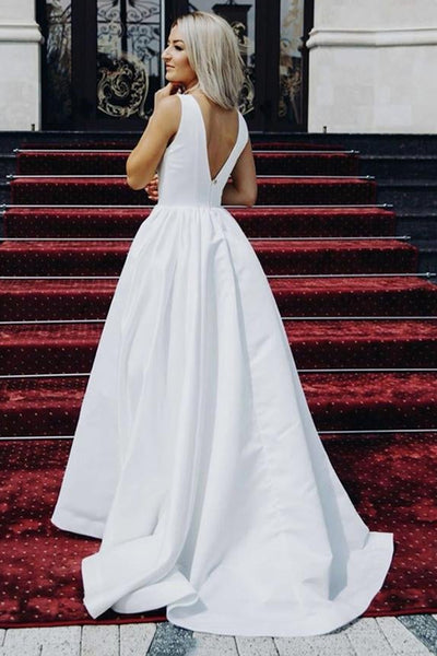 Simple V Neck and V Back White Satin Long Prom Dresses, V Neck White Formal Dresses, White Evening Dresses EP1672
