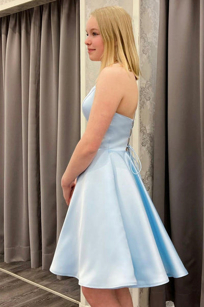Spaghetti Straps Short Light Blue Satin Prom Homecoming Dresses, Light Blue Formal Graduation Evening Dresses EP1890