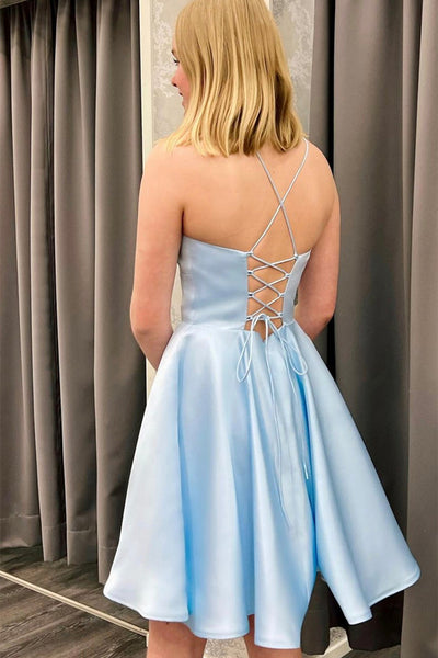 Spaghetti Straps Short Light Blue Satin Prom Homecoming Dresses, Light Blue Formal Graduation Evening Dresses EP1890