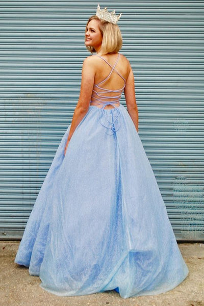 Sparkly V Neck Backless Light Blue Long Prom Dresses, Open Back Light Blue Formal Dresses, Shiny Blue Evening Dresses