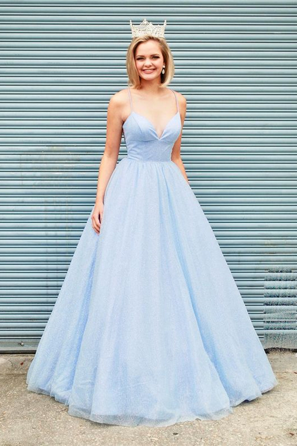 Sparkly V Neck Backless Light Blue Long Prom Dresses, Open Back Light Blue Formal Dresses, Shiny Blue Evening Dresses