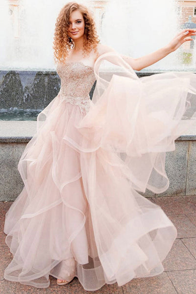 Strapless Champagne Lace Tulle Long Prom Dresses, Champagne Lace Formal Graduation Evening Dresses EP1743