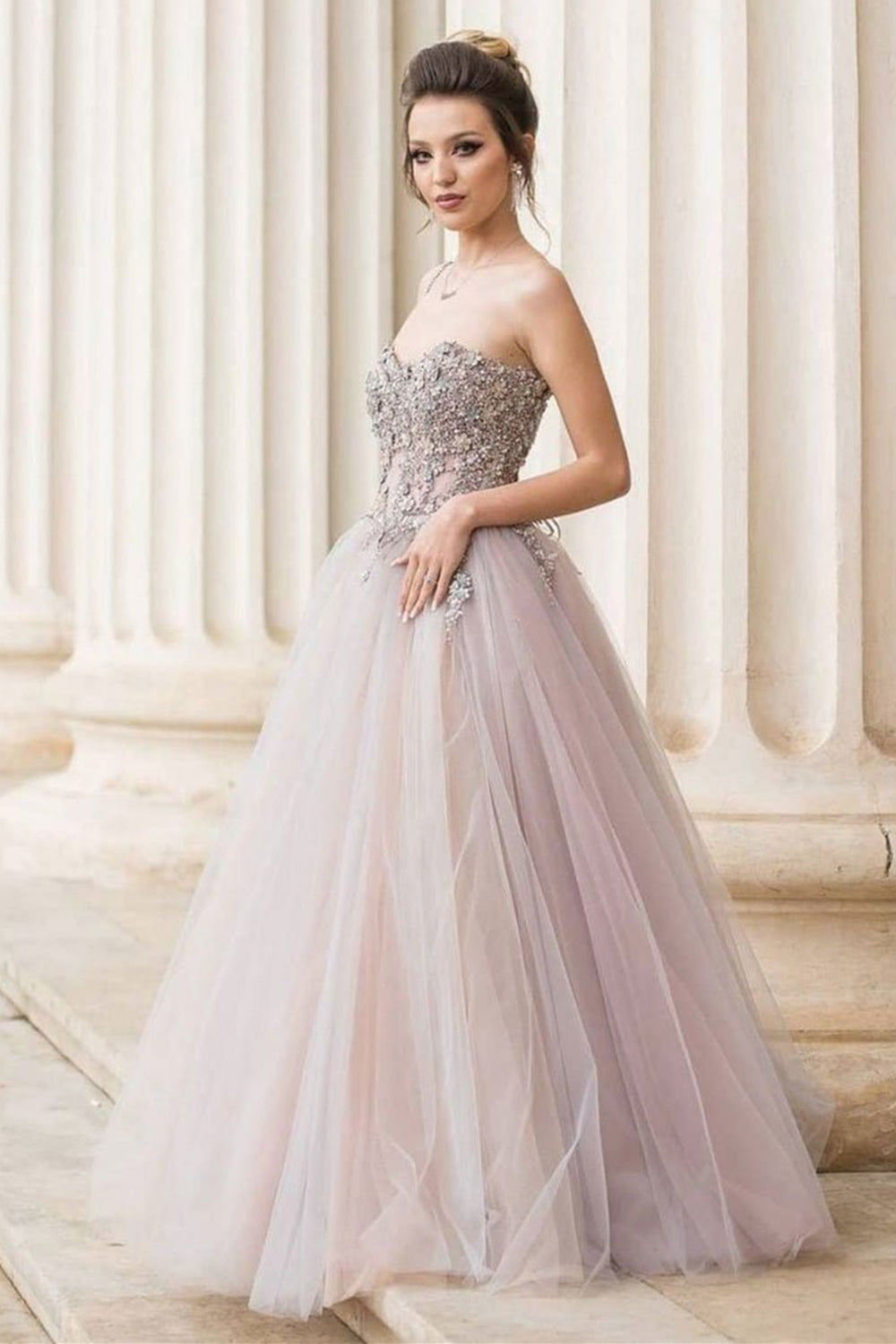 Strapless Gray Lace Long Prom Dresses, Gray Lace Formal Dresses, Grey Evening Dresses