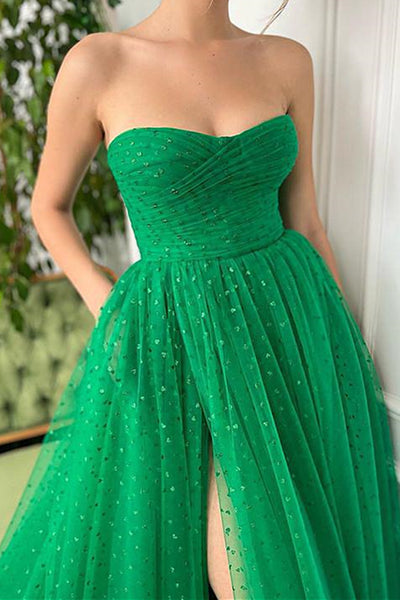 Strapless Green Long Tulle Prom Dresses, Strapless Green Long Tulle Formal Evening Dresses