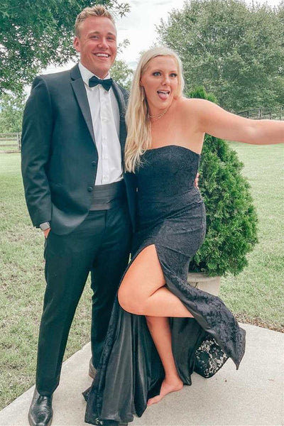 Strapless Mermaid Black Lace Long Prom Dresses with High Slit, Mermaid Black Formal Graduation Evening Dresses EP1800