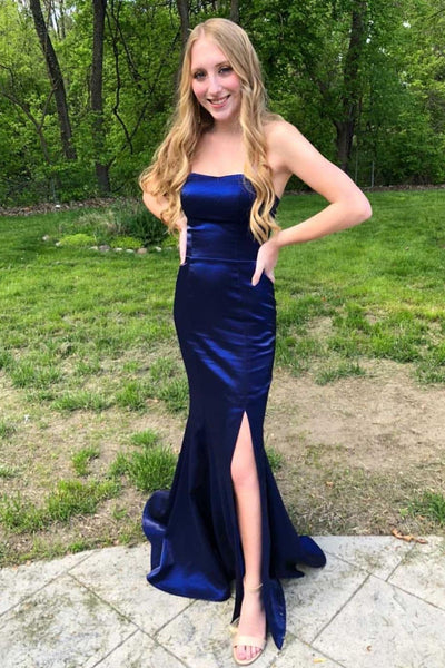 Strapless Mermaid Blue/Purple/Burgundy Satin Long Prom Dresses with High Slit, Mermaid Blue/Purple/Burgundy Formal Graduation Evening Dresses EP1869
