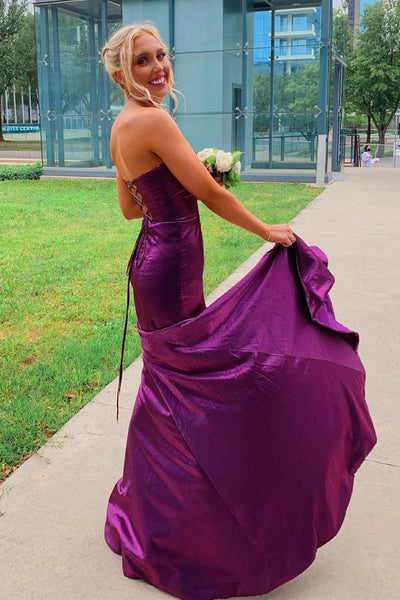 Strapless Mermaid Blue/Purple/Burgundy Satin Long Prom Dresses with High Slit, Mermaid Blue/Purple/Burgundy Formal Graduation Evening Dresses EP1869