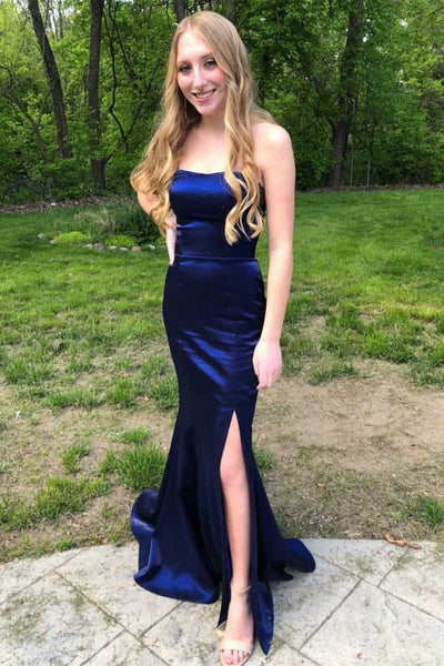 Strapless Mermaid Blue/Purple/Burgundy Satin Long Prom Dresses with High Slit, Mermaid Blue/Purple/Burgundy Formal Graduation Evening Dresses EP1869