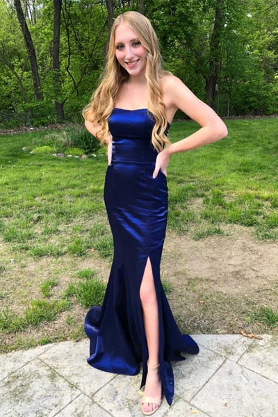 Strapless Mermaid Navy Blue Satin Long Prom Dresses with High Slit, Mermaid Navy Blue Formal Graduation Evening Dresses EP1850