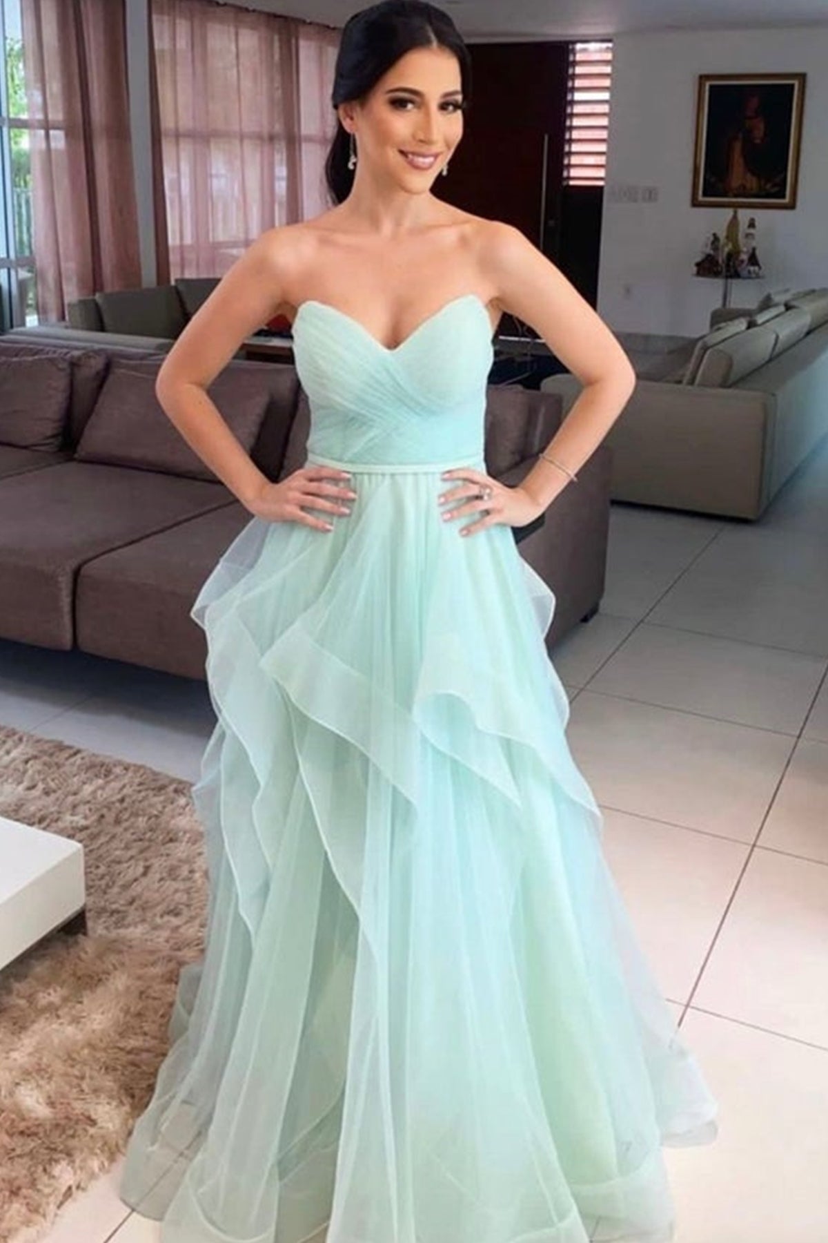 Strapless Mint Green Tulle Long Prom Dresses, Elegant Mint Green Formal Graduation Evening Dresses EP1765
