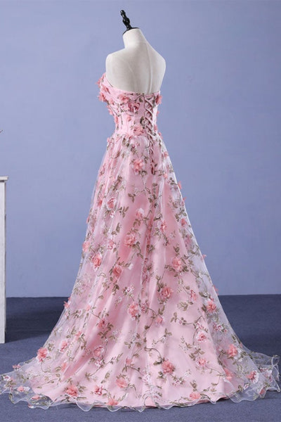 Strapless Pink Tulle Floral Long Prom Dresses, Open Back Pink Formal Evening Dresses with 3D Flowers EP1684