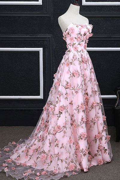 Strapless Pink Tulle Floral Long Prom Dresses, Open Back Pink Formal Evening Dresses with 3D Flowers EP1684
