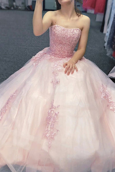 Strapless Pink Tulle Lace Long Prom Dresses, Pink Lace Formal Dresses, Pink Evening Dresses with Appliques EP1682